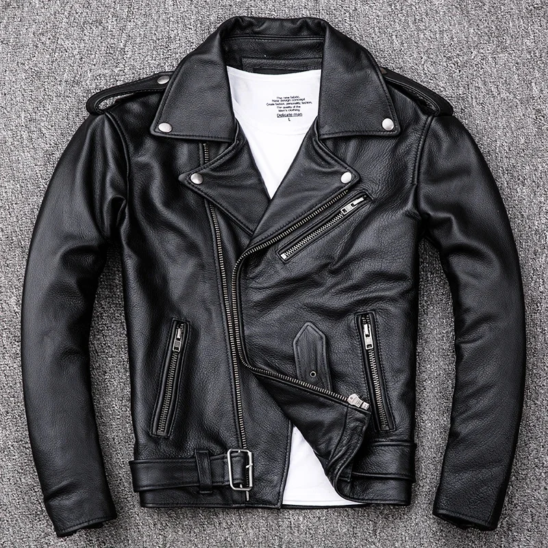 Spring Classical Motorcycle oblique zipper Jackets Men Leather Natural Calf Skin Thick Slim Cowhide Moto man