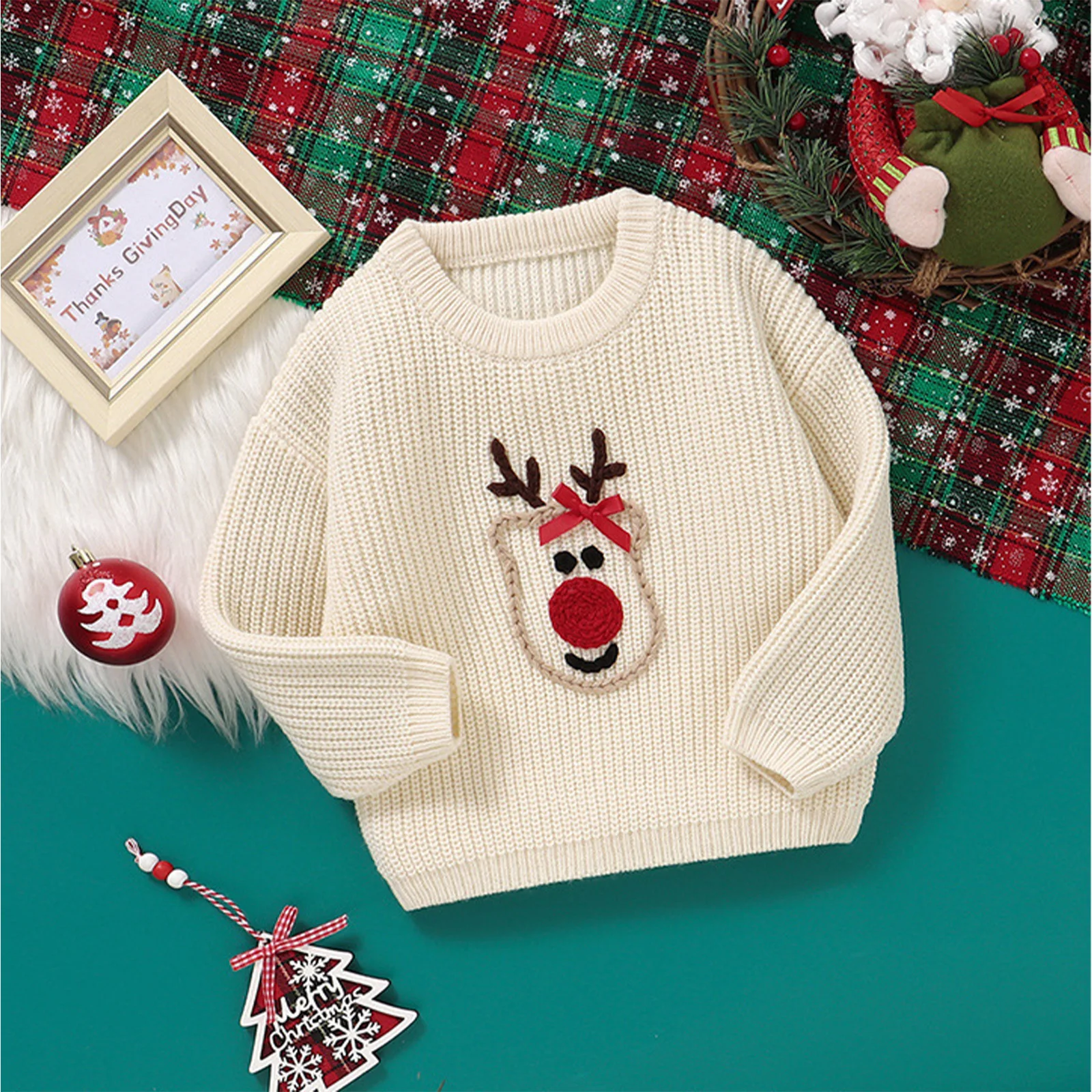 

Toddler Baby Christmas Elk Embroidery Knit Sweater Long Sleeves Deer Knitted Pullover Tops Xmas Holiday Party Kids Warm Clothes