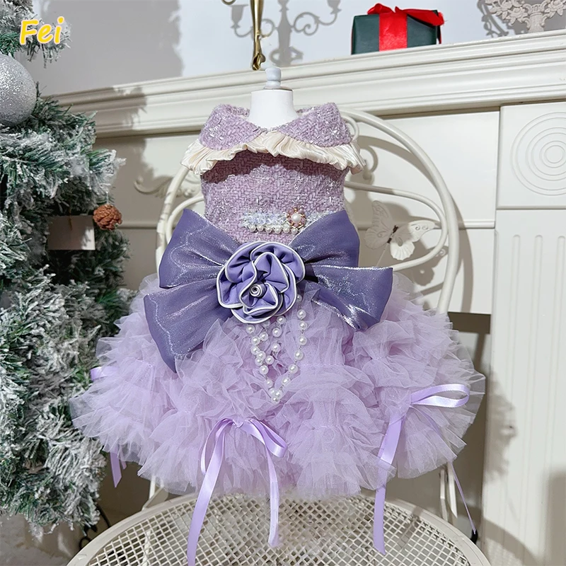 

Fine Handmade Pet Dog Clothes Luxury Pearl Flower Lace Long Tail Removable Princess Dress for Small Medium Dog Puppy Dog Outfits