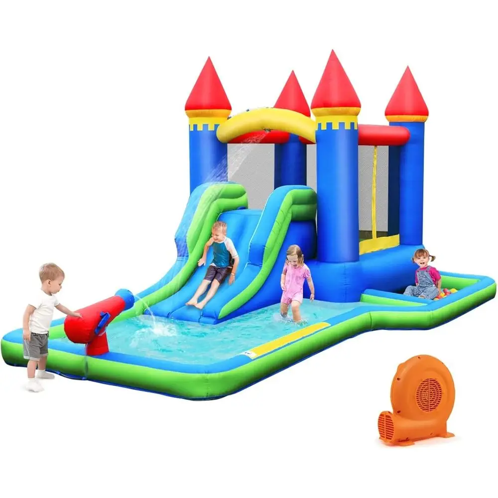 Iatable Water Slide, Water Bounce House with Slide & Ball Pit Wet Dry Combo for Kids Backyard Fun w/GFCI 550w Blower, B