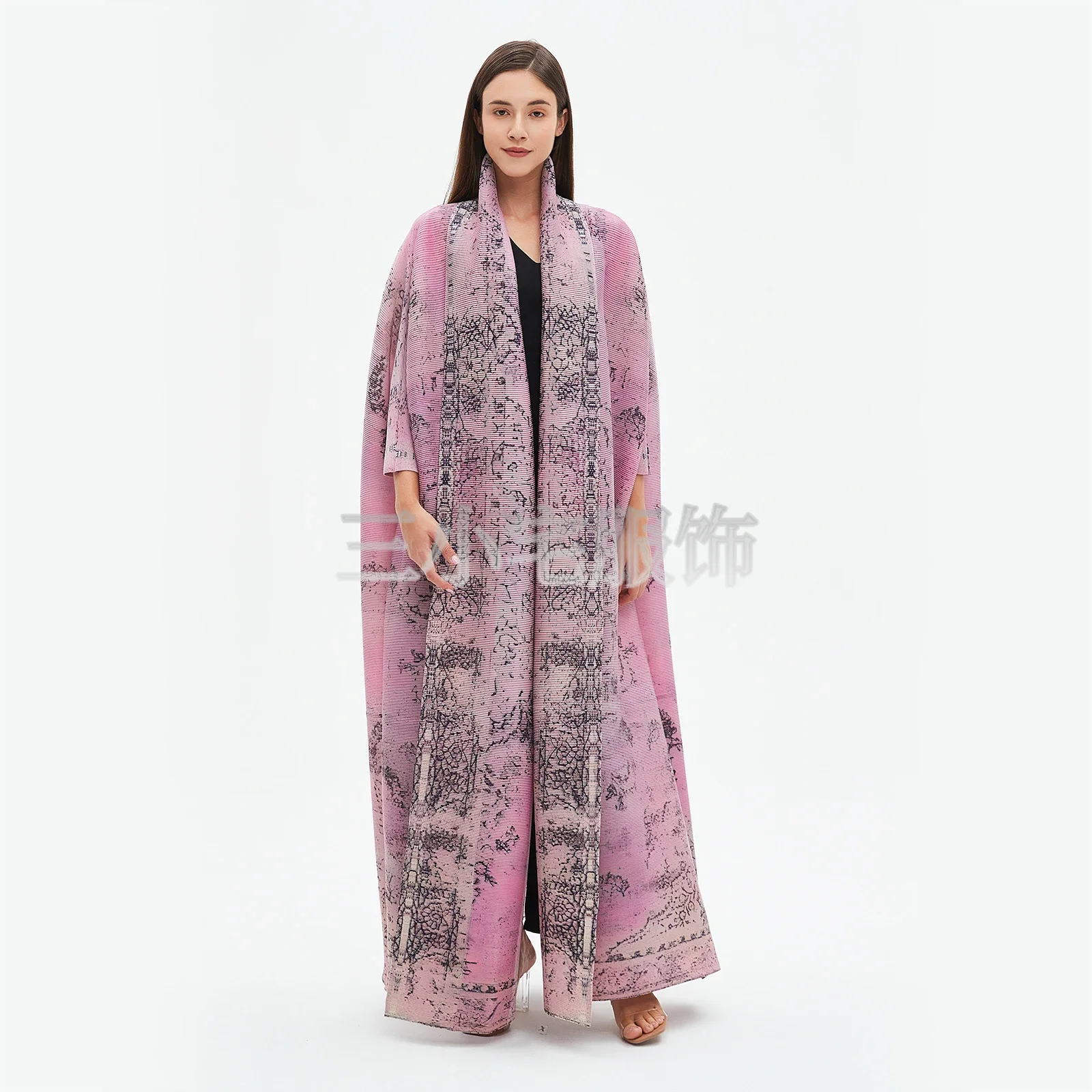 ALSEY Miyake Long Sleeve Printed Dress Windbreak Women 2024 Winter New Original Designer Abayas Turndown Collar Belted Coats