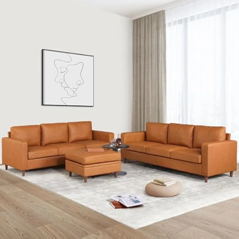 Leather Couch, 3-Seats Sofa, Mid-Century Modern Sofa with Comfy Cushions, Deep Seat Sofa Couch for Living Room Bedroom