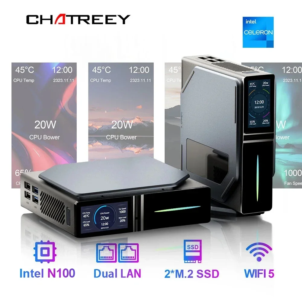 Chatreey S1 미니 PC 인텔 알더 레이크 N100, 윈도우 11, 초소형 포켓 컴퓨터, 듀얼 SSD, 2xHD 2.0, 4K, 60Hz RGB 