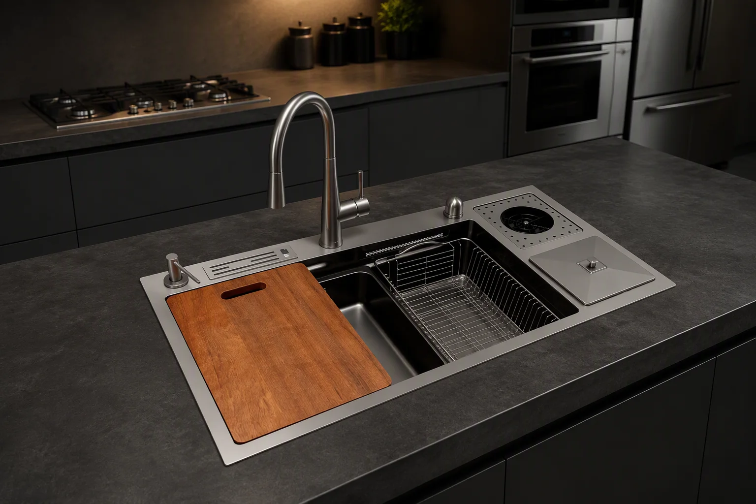 Wholesale Stainless Steel 304 Modern Design Double Kitchen Sink Faucet Waste Splash Guard Handmade Stone Texture Nano Surface