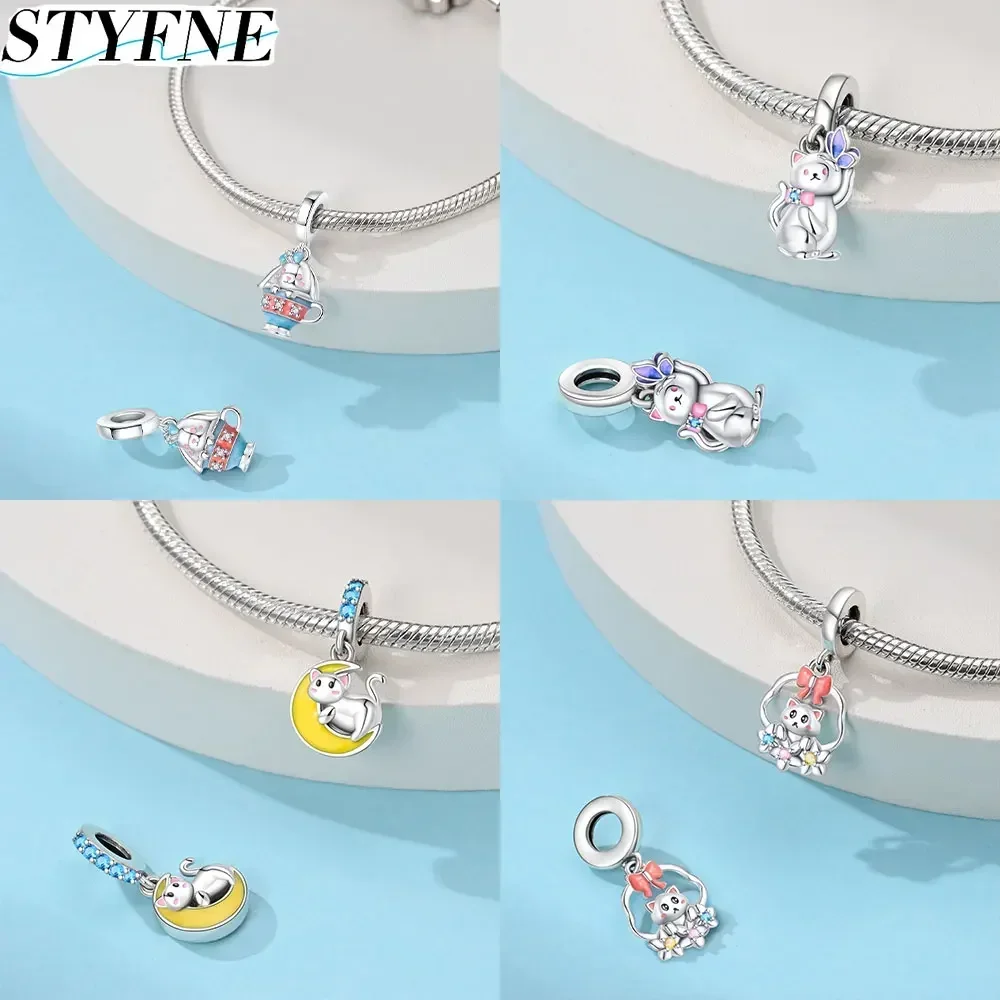 sterling 925 silver original creative cute animal teacup cat charm for women diy bracelet necklace jewelry making gift