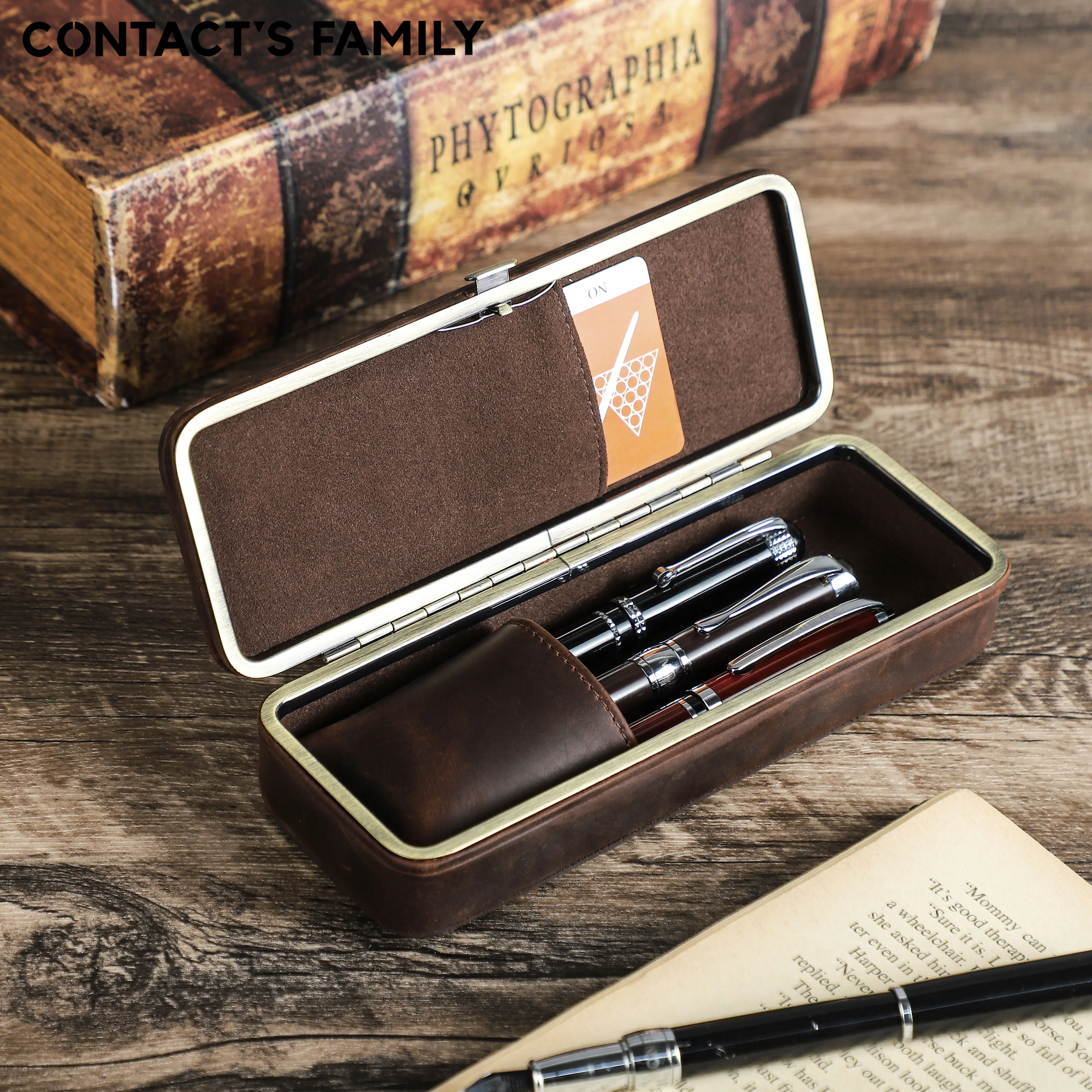 Handmade Vintage 3-Slot Genuine Leather Pen Case Multi functional Retro Stationery Organizer Box Creative Business Gift