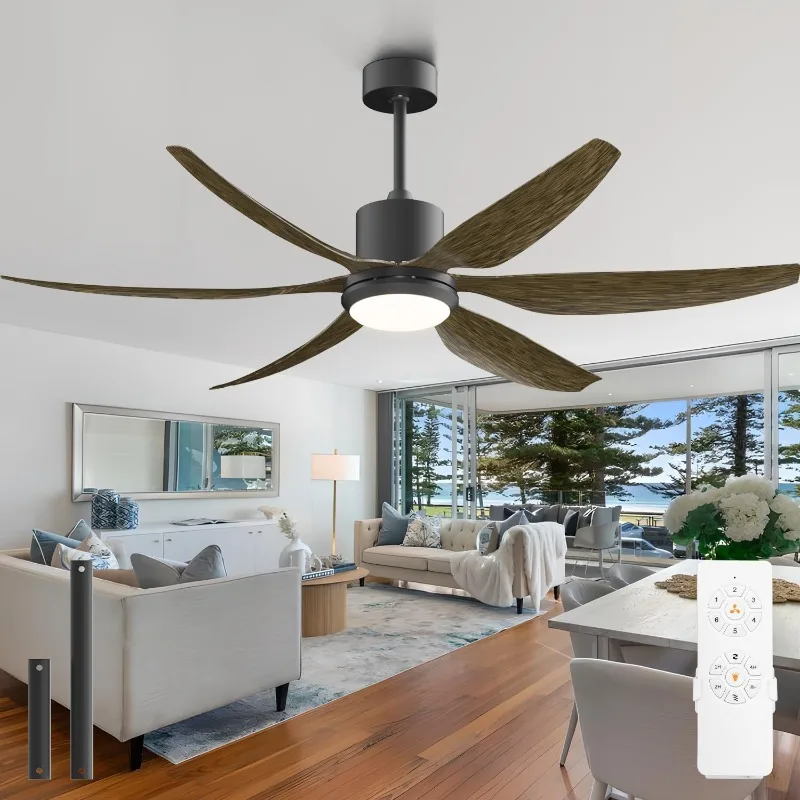 

Industrial 66" Large Ceiling Fan with Light & Remote Control in Black & Walnut Wood Color, 3 CCT, 6 Blades 6-speed Low Profile