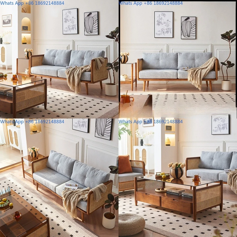 

Backrest sofa, living room, winter and summer dual-use, rattan woven solid wood, three seater sofa, balcony furniture