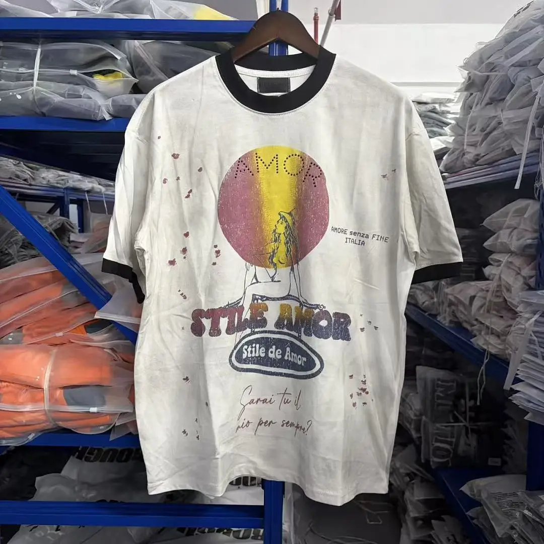 Retro Ringer T-shirt Men Vintage Washed Streetwear Sunset Figure Print Tee Distressed Splatter Oversized Casual Short Sleeve Top