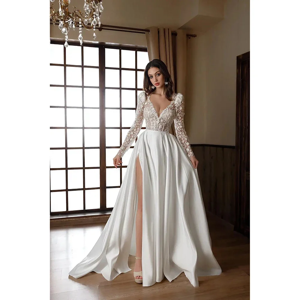 Robe De mariée élégante personnalisée, décolleté en v profond, manches longues, avec des appliques en dentelle, ligne A, robe De mariée princesse