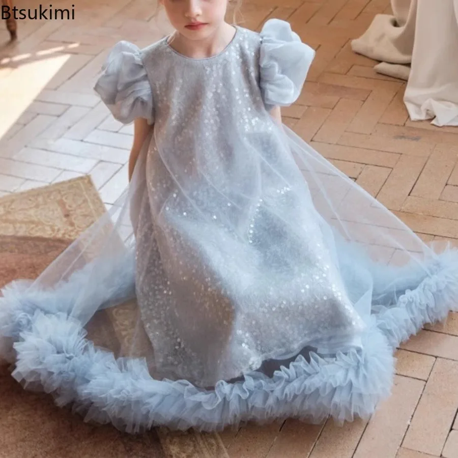 2026 Summer Elegant Tutu Dress Girls High End Princess Banquet Birthday Party Wear Sequin New Pageant Walk Kids Formal Outfit