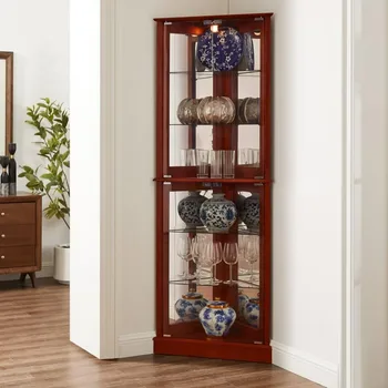 Image Lighted Curio Cabinet Corner with Shelves，Display Case for Living Room,  Glass Shelves Doors and Shelves, Wooden Accent Cabinet