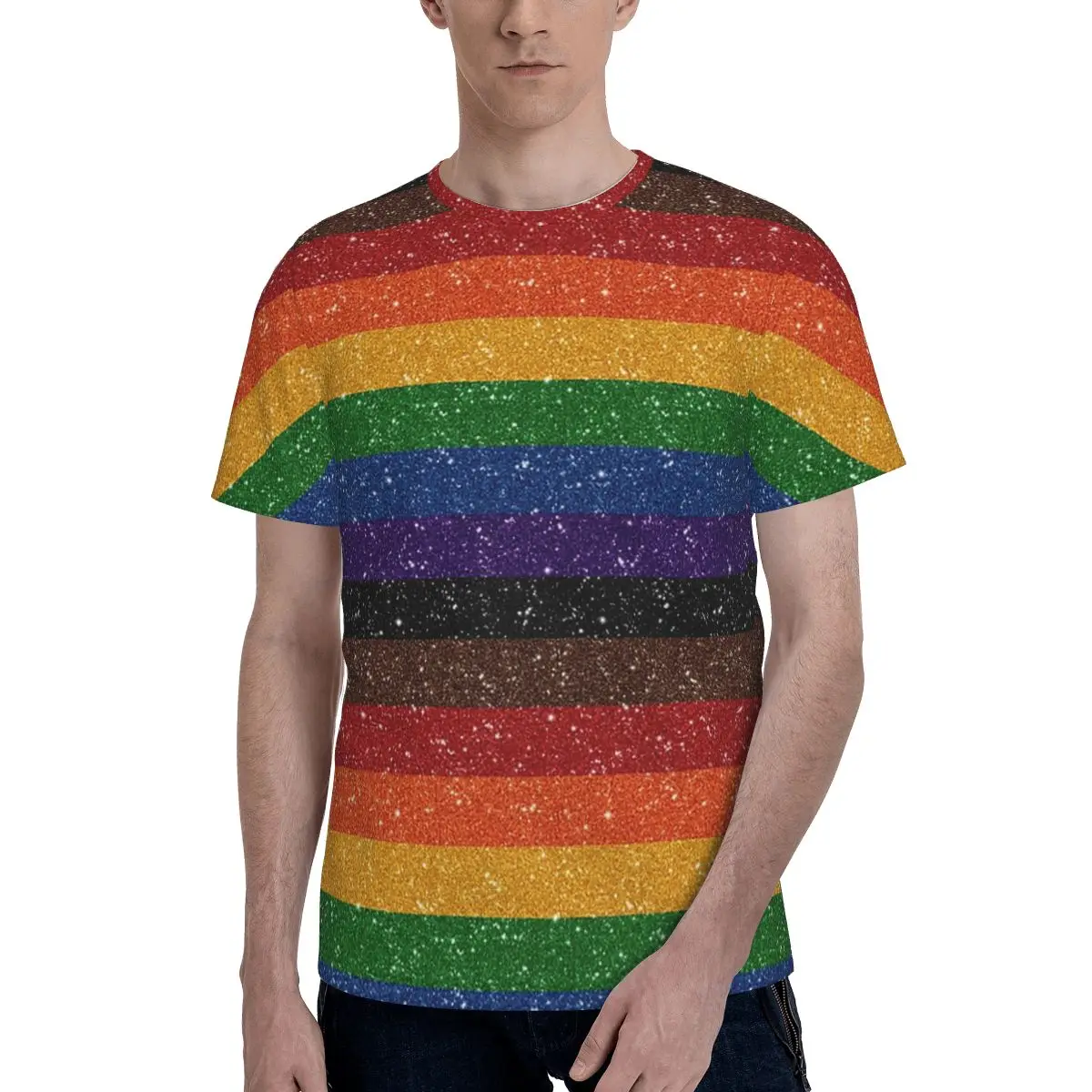Faux Glitter Rainbow Pride Flag LGBT Gay Lesbian T-Shirt for Men Cotton T Shirts Men's Short Sleeve Crew Neck Clothes Tops