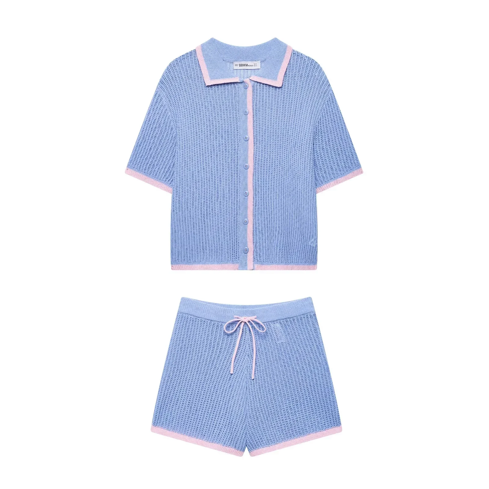 بدلة نسائية محبوكة غير رسمية كلاسيكية بأكمام قصيرة واحدة الصدر شورت برباط موضة جديدة 2025 بدلة شاطئ نسائية صيفية