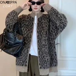 Onalippa Leopard Print Jacquard Oversized Cardigan Women Stand Collar Zip Up Mid-length Cardigans Vintage Korean Casual Sweater