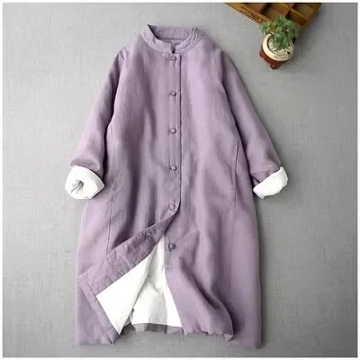 Chinese Style Women's Quilted Jacket Stand Collar Long Cotton Coat for Spring Autumn Mid-Length Warm Linen Outerwear