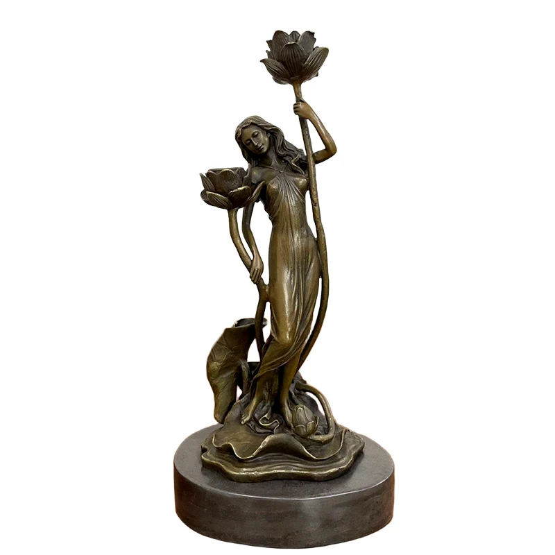 Lotus candlestick bronze sculpture, lotus fairy sculpture, home decoration sculpture, living room foyer sculpture