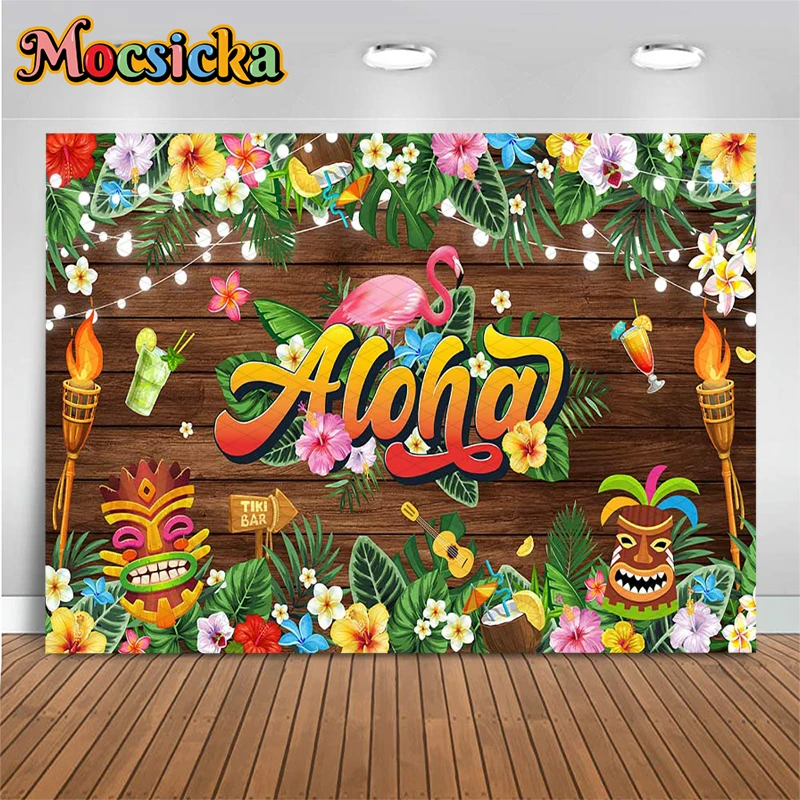 Mocsicka Aloha Luau Party Backdrop Tropical Wooden Wall Tiki Mask Flamingo Photography Background Summer Kids Photo Booth Banner