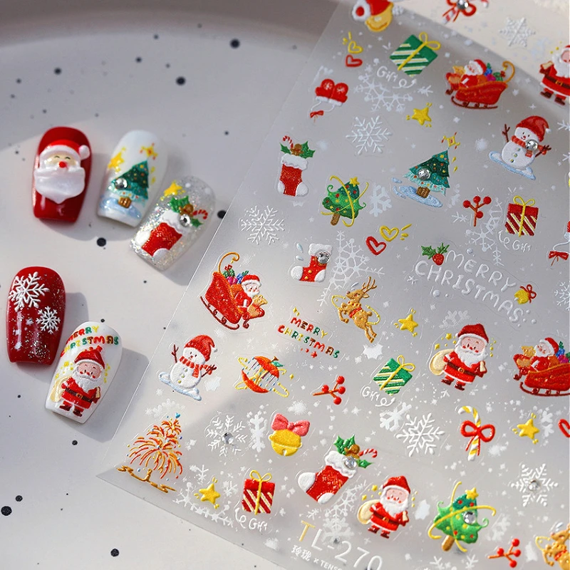 Lovely Santa Claus Snowman Elk Christmas Tree Sock Gifts 3D Self Adhesive Nail Art Sticker Xmas Cartoon Manicure Decal Wholesale