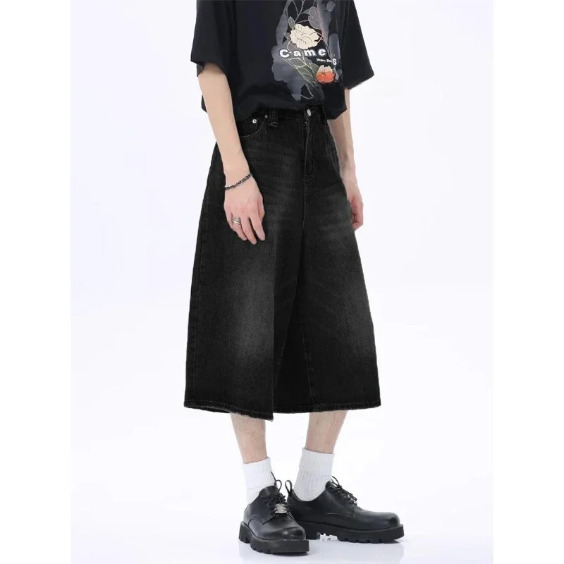 Retro Black Whiskers Denim Shorts Men Distressed Frayed Baggy Jorts Casual Wide Leg Short Pants Hiphop Y2k Streetwear