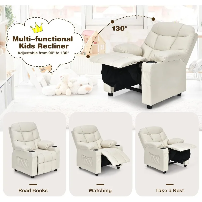 Fauteuil inclinable avec porte-gobelet pour enfants, chaise longue réglable avec repose-pieds et poches latérales pour chambre d'enfant, garçons, filles