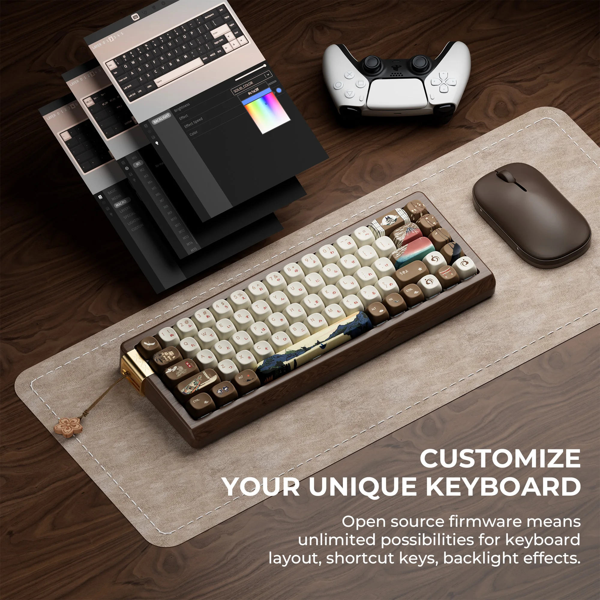 XVX MU68 FujiWave Theme Wooden Mechanical Keyboard Tri-Mode 65% Full Walnut Solid Case Hot-Swap Wireless Wood Keyboard QMK/VIA