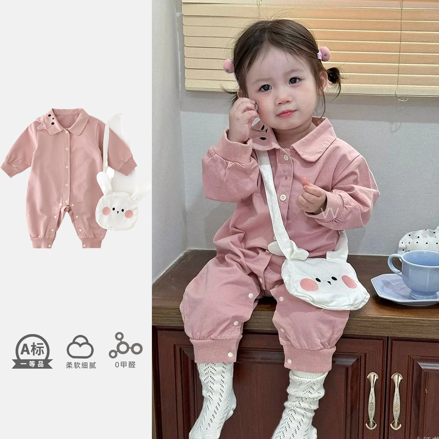 

Infant Spring Jumpsuit Baby Girl Pink Romper Lapel Rabbit Crawling Clothes Children's 0-2 Year Clothing Send Bags As A Gift