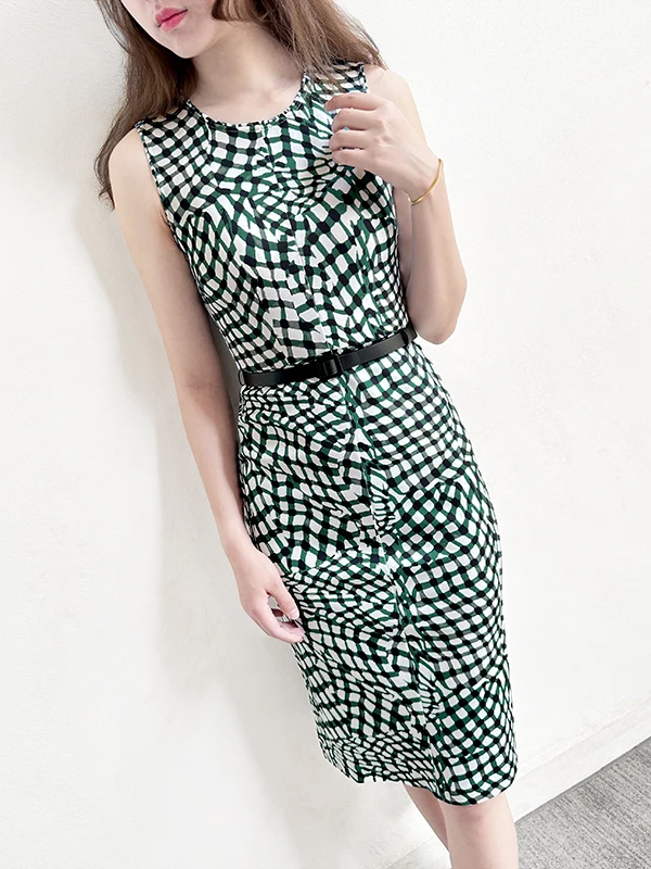 

Новинка Весна-Лето: Синее платье в клетку с поясом, приталенное, с круглым вырезом, с высокой талией, модное женское платье