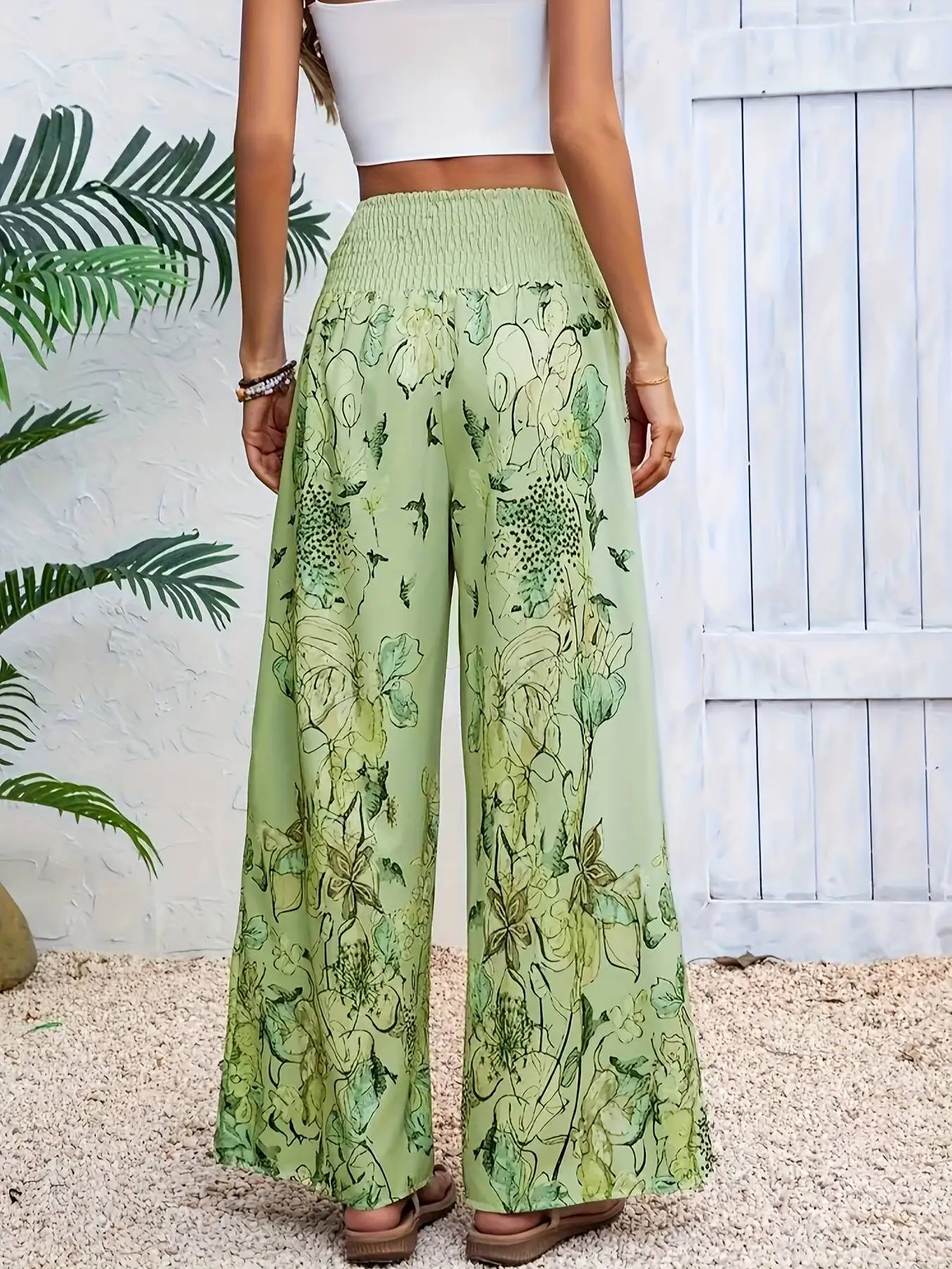 بنطال نسائي واسع الساق بطبعة زهور - كاجوال أنيق لقضاء العطلات على الشاطئ، فضفاض مناسب مع خصر برباط، قماش خفيف الوزن