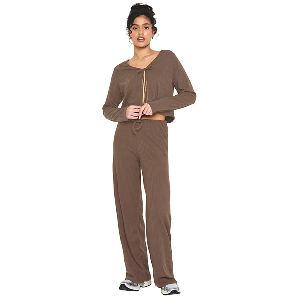 Women's Casual Brown 2Piece Outfit 2026 Spring Summer Round Neck Long Sleeve Lace-Up Hollowed Out Shirt+Elastic Waist Long Pants