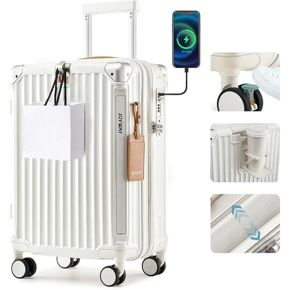 

Expandable Hardside Spinner Luggage with Smart Cup Holder, USB Port, TSA Lock, 20 White