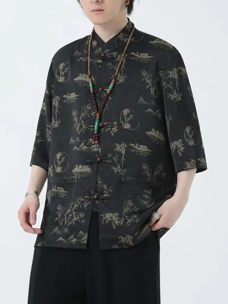 

Мужская рубашка из ледяного шелка с коротким рукавом, новая модель в китайском стиле, с воротником-стойкой, на пуговицах, верхняя одежда, улучшенный костюм Тан, тонкий ханьфу