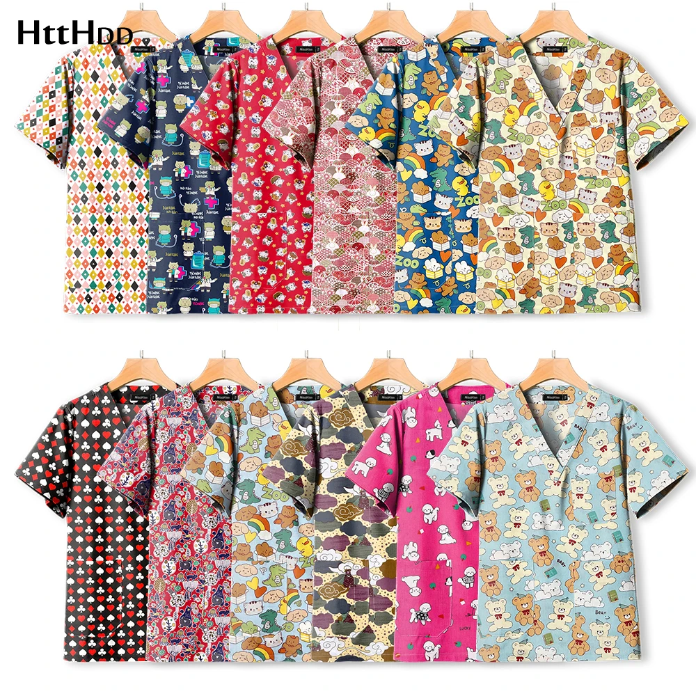 Hot Sales Printed Scrub Tops Surgical Uniforms Woman Unisex Aesthetic Uniforms Printed Cotton Top Fashion Veterinary Uniform Men