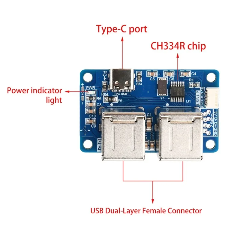 USB 2.0 USB Hub 1 to 4 Way Splitter Module USB Hub Driver-Free 4-Port USB Hub Type-C Interface