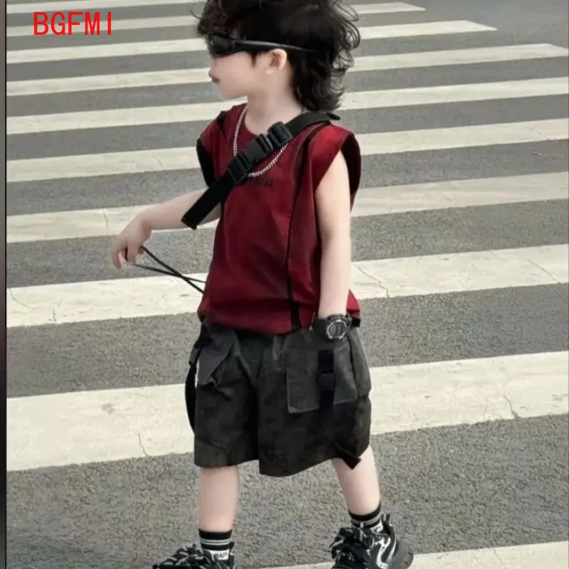 Summer Children's T-shirts Suit Boy Sleeveless Top Kids  Vest Tees Shorts 2pcs Set Boys Outdoor Clothes 2-10Y Children's Costume