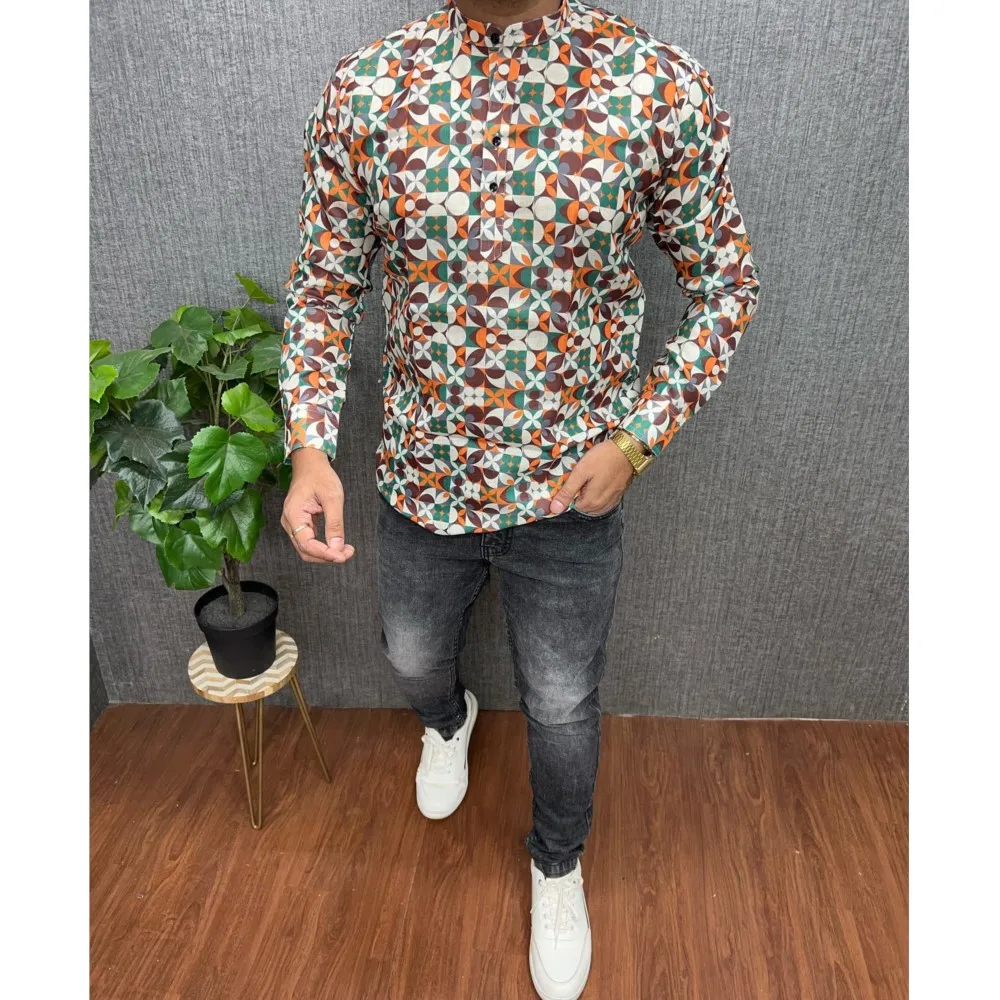 무슬림 남성 의류 민족 프린트 전통 스타일 웨딩웨어 클래식 긴팔 셔츠 전통 캐주얼 셔츠 아랍 의류 ﻿