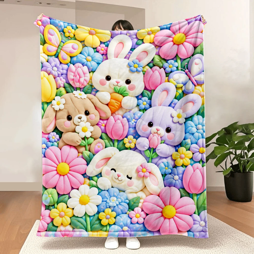 1PC cute bunny and flower print blanket-made of soft fluffy flannel, perfect for a sofa or bed. Home decoration, holiday home de