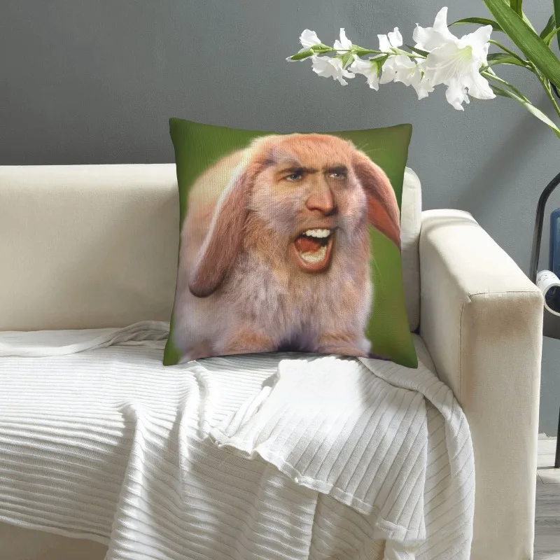 1pc Funny Nicolas Cage Rabbit Meme Pillow Cover, 2D Double-Sided Polyester Cushion Case, Humorous Meme Decor Pillowcase, Gift fo