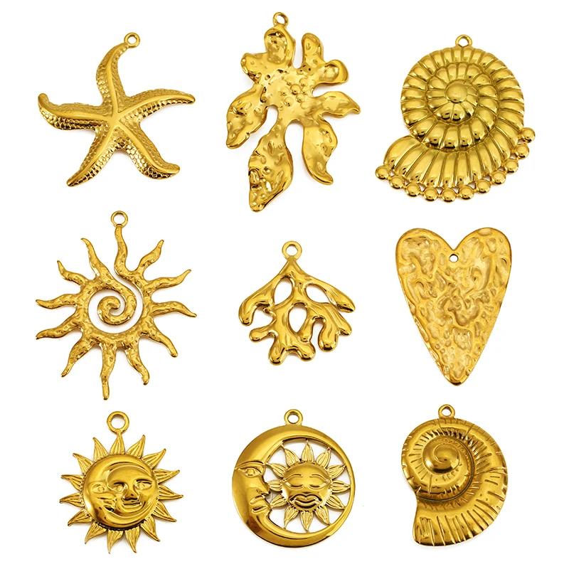 4pcs Stainless Steel Seaweed Starfish Conch Smile Sun Heart Large Charm for DIY Necklace Earring Pendant Jewelry Making Supplies