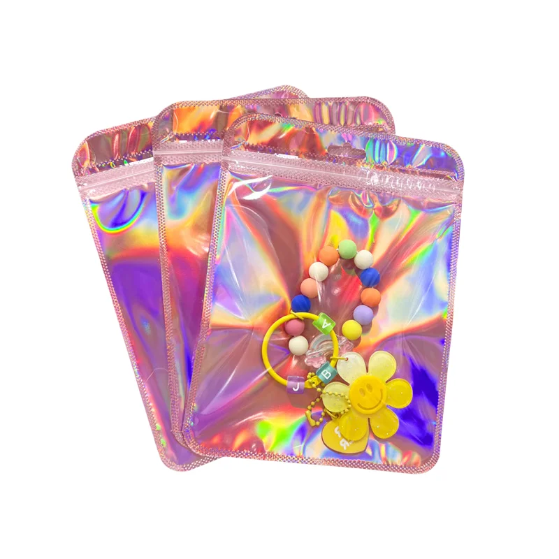 Iridescent Self Sealing Bags Pink Laser Plastic Pouches Resealable Zip Lock Packaging for Jewelry Display Retail Bags 10Pcs