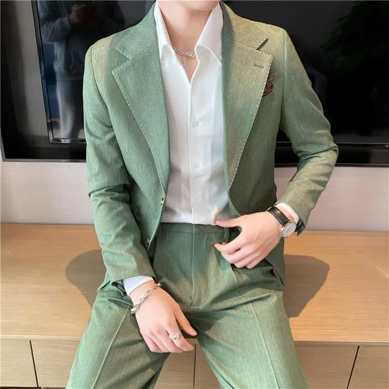 

4-E10 New spring and autumn light mature style men's apple green suit two-piece sug Kong style casual Korean version of suit jac