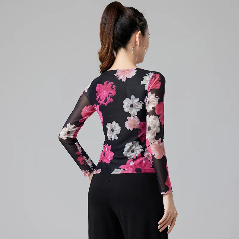 توب مطبوع برقبة مستديرة للإناث البالغات ، قميص أداء الرقص اللاتيني ، المعيار الوطني ، ملابس ممارسة الرقص في قاعة الرقص ، جديد ، الخريف