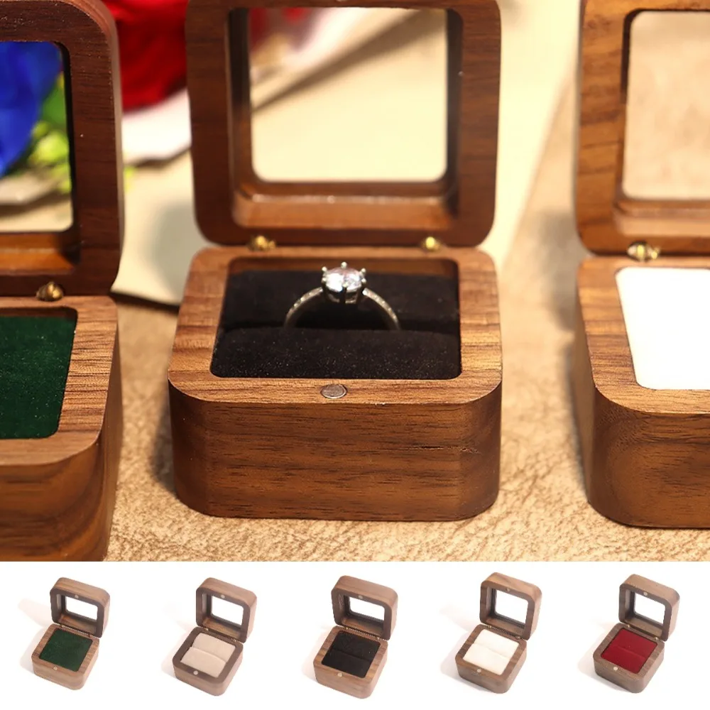 Transparent Window Wooden Ring Box Engagement Single Slots Jewelry Presentation Box Organizer Storage Case Ring Display Holder