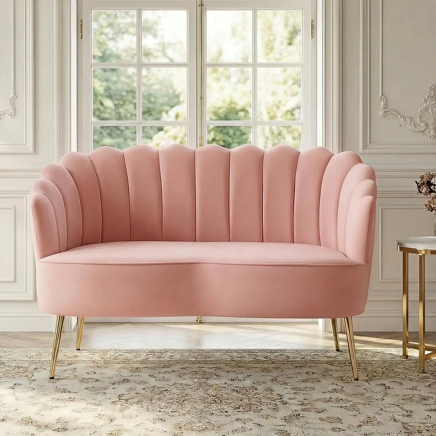 Velvet Loveseat with Gold Metal Legs, Modern Comfy Flower Shaped Back 2-Seater Accent Sofa for Living Room Bedroom, Customized