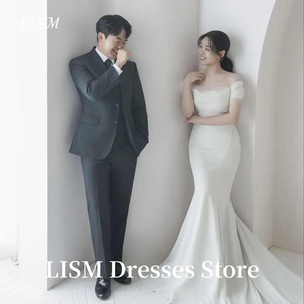 

LISM Simple Mermaid Korea Wedding Dresses Photo Shoot Satin Off Shoulder Women Bridal Gowns웨딩드레스 Customized Corsets