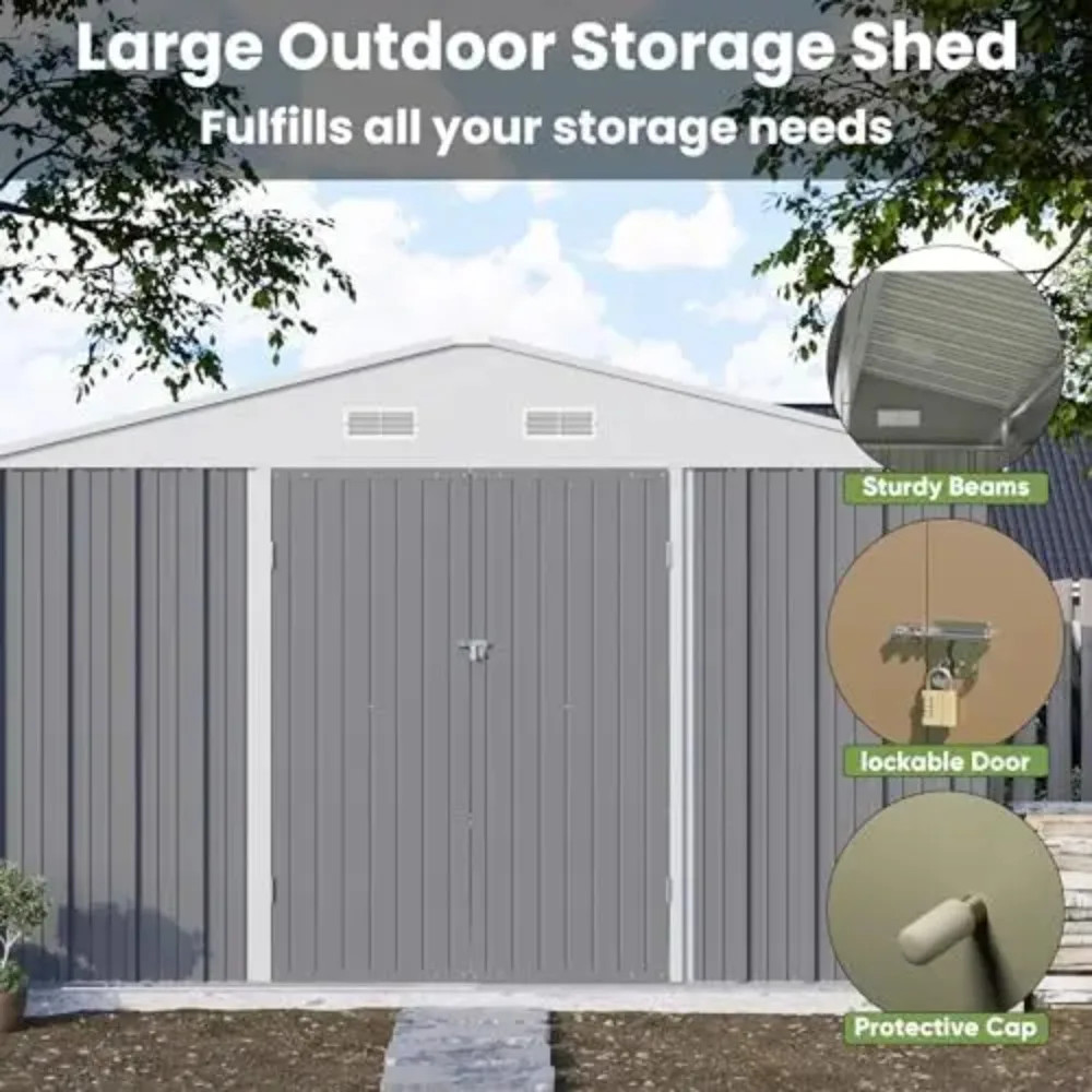 10x10 FT Metal Storage Shed, Brown | Steel Yard Shed, Lockable Doors Design, Utility and Tool Storage Sheds For Garden - view 4