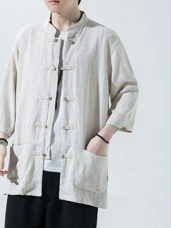 

Loose Cotton Linen ort Sve irt Men's Retro Chinese Sle Summer Large Size Cotton Linen Seven-Quarter Sve Trendy