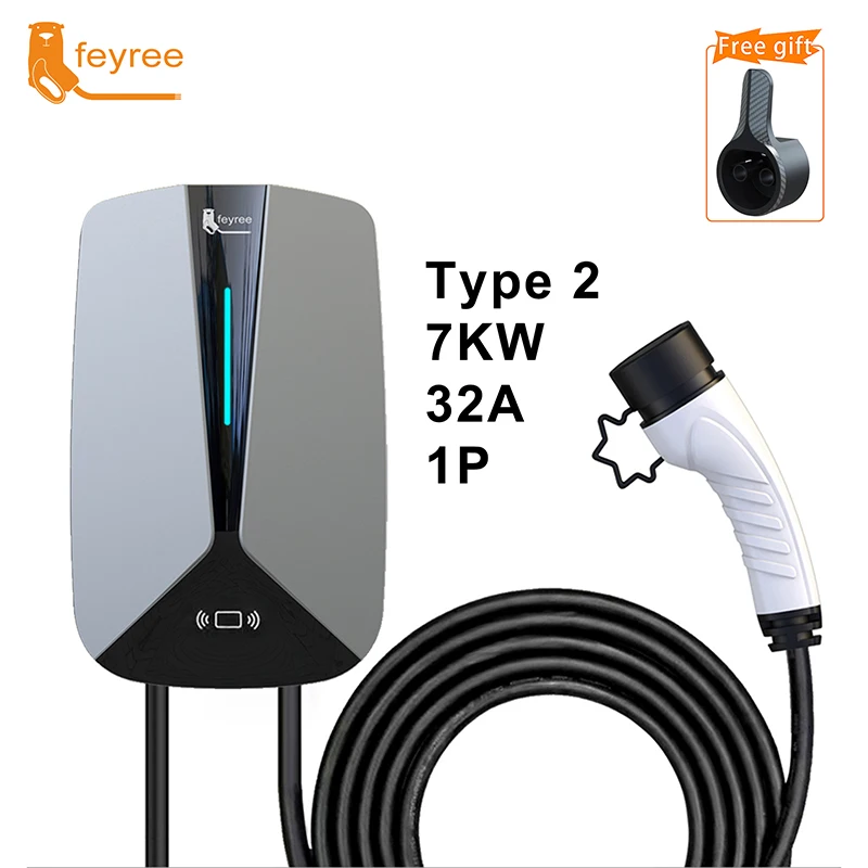 Feyree ที่ชาร์จ Type2 7.6KW 32A 1เฟส evse wallbox RFID การ์ดรุ่น5เมตรสถานีชาร์จสายสำหรับรถยนต์ไฟฟ้า