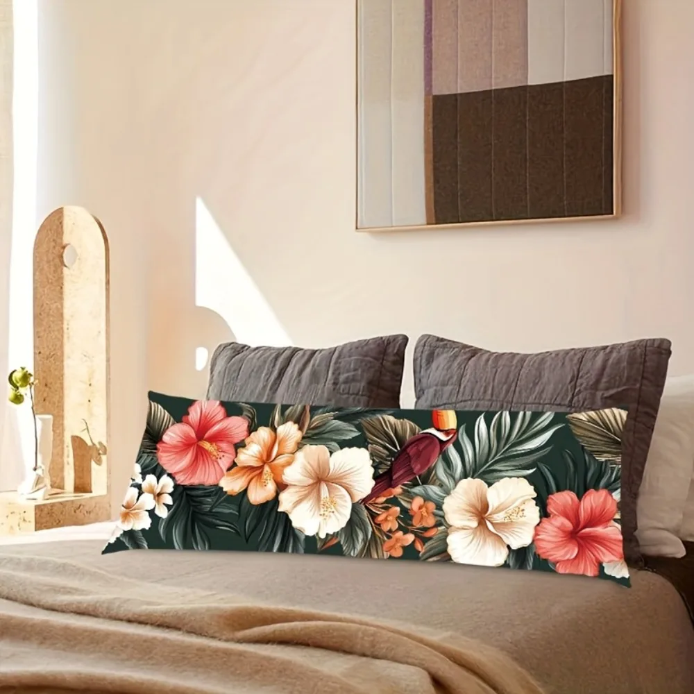 A Tropical Toucan And Hibiscus Flower Long Pillowcase - 20*54 Inches / 50×137 Cm in Bright Orange-Yellow on Deep Green Leaves, M