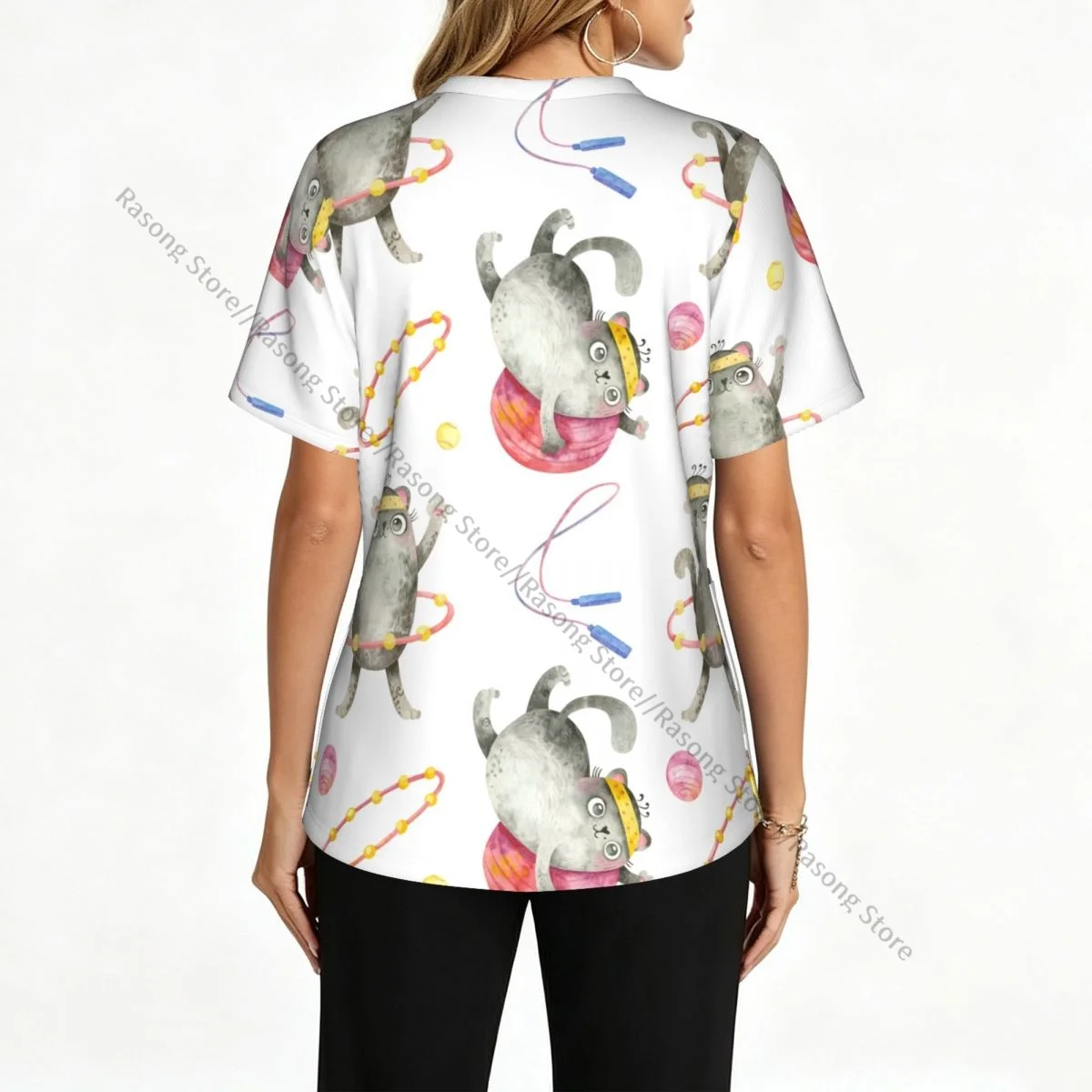 Women's Medical Scrub Top V Neck Short Sleeve Cats Cute Characters Stretch Nursing Uniform for Hospital Clinic